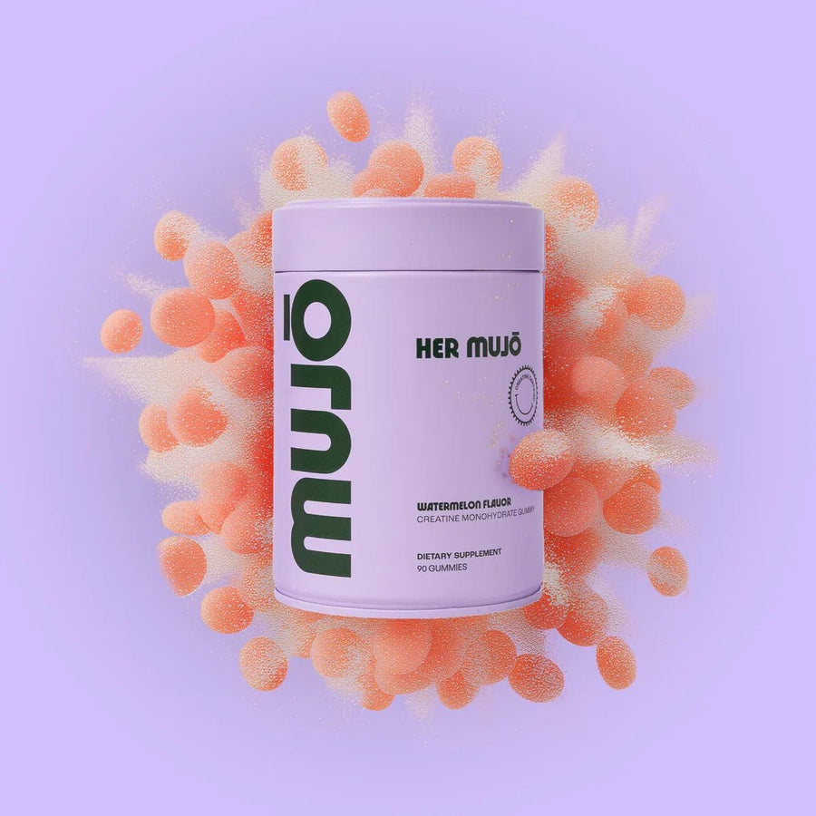 Mujo creatine supplement container with colorful spherical elements on a light purple background