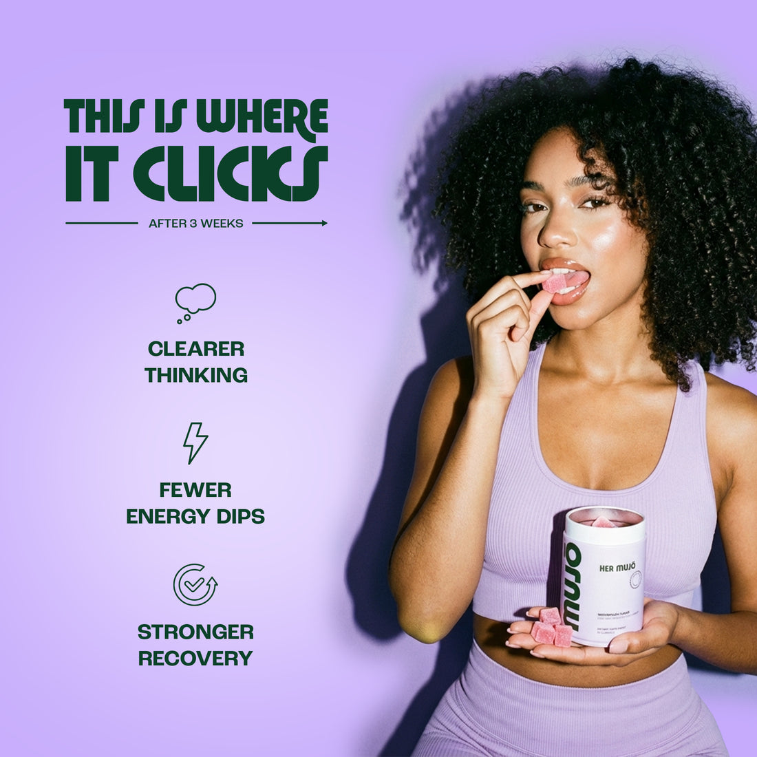 Woman eating a supplement with text about product benefits on a purple background