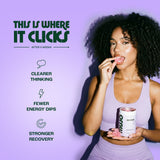 Woman eating a supplement with text about product benefits on a purple background