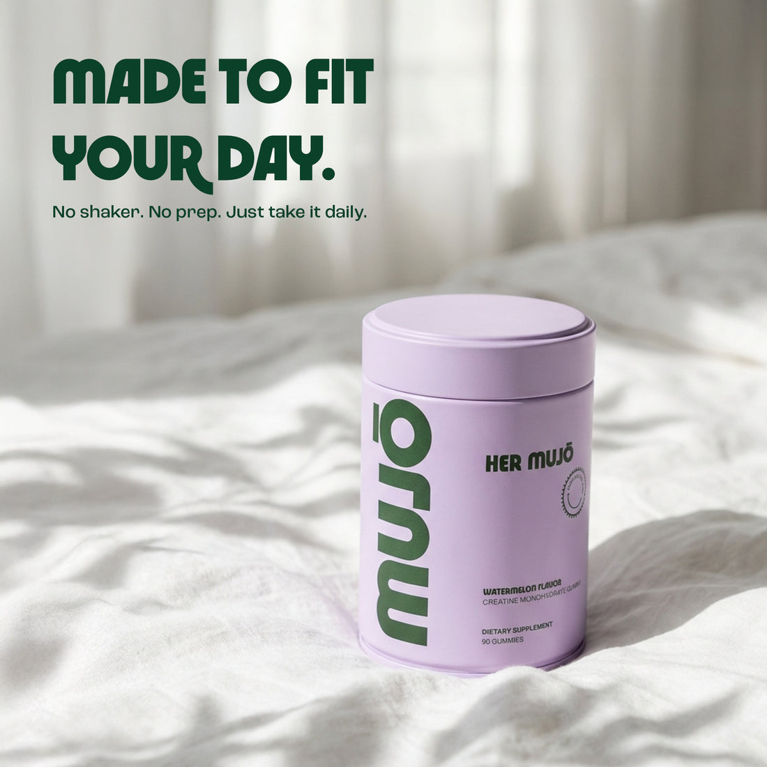 Purple supplement container labeled 'MUJO' on a white surface with text about daily intake.