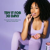 Woman in purple outfit holding pink products with promotional text on a purple background