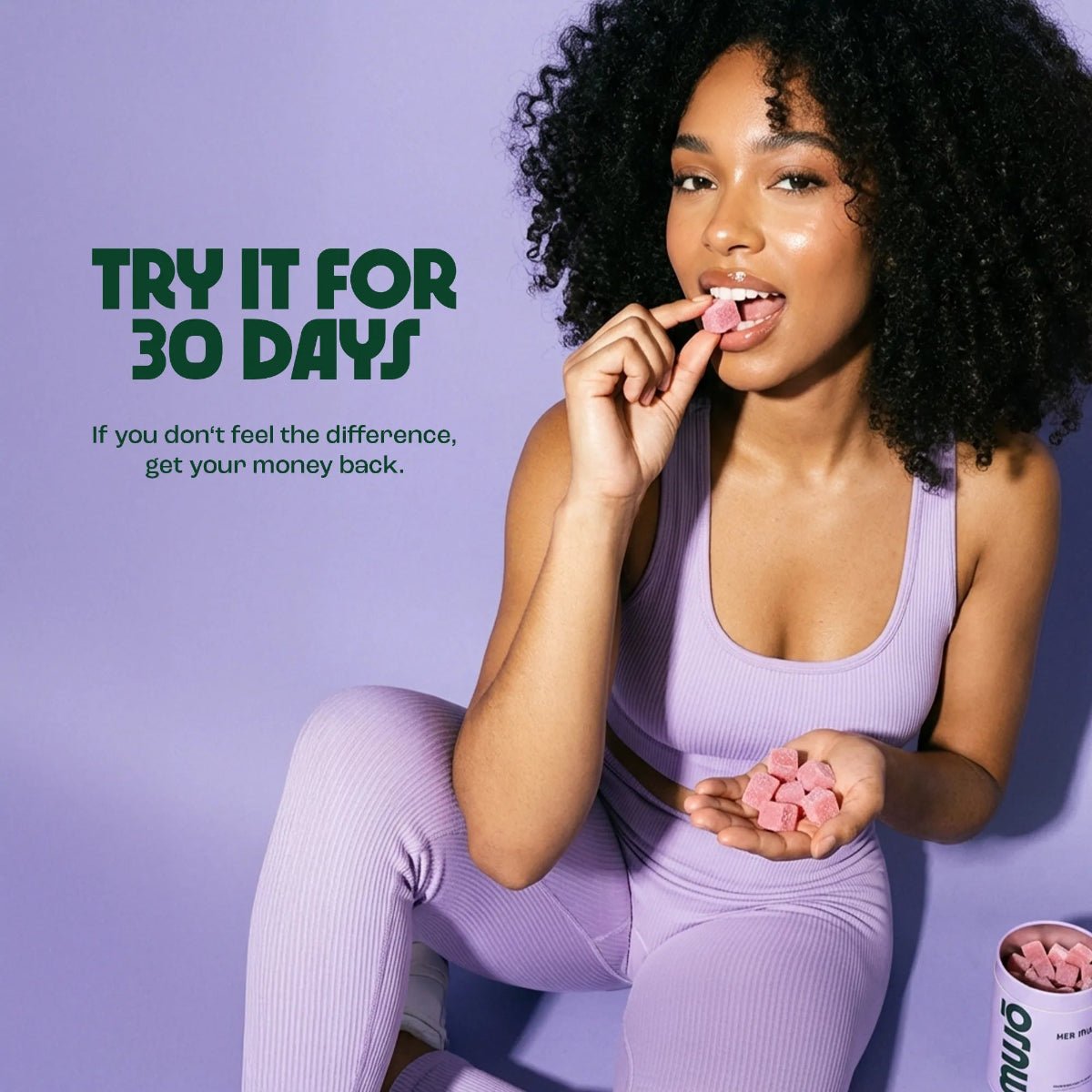 Woman in purple outfit holding pink products with promotional text on a purple background
