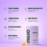 Mujo supplement container with benefits listed on a purple background