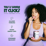Woman eating a supplement with text about its effects on a purple background