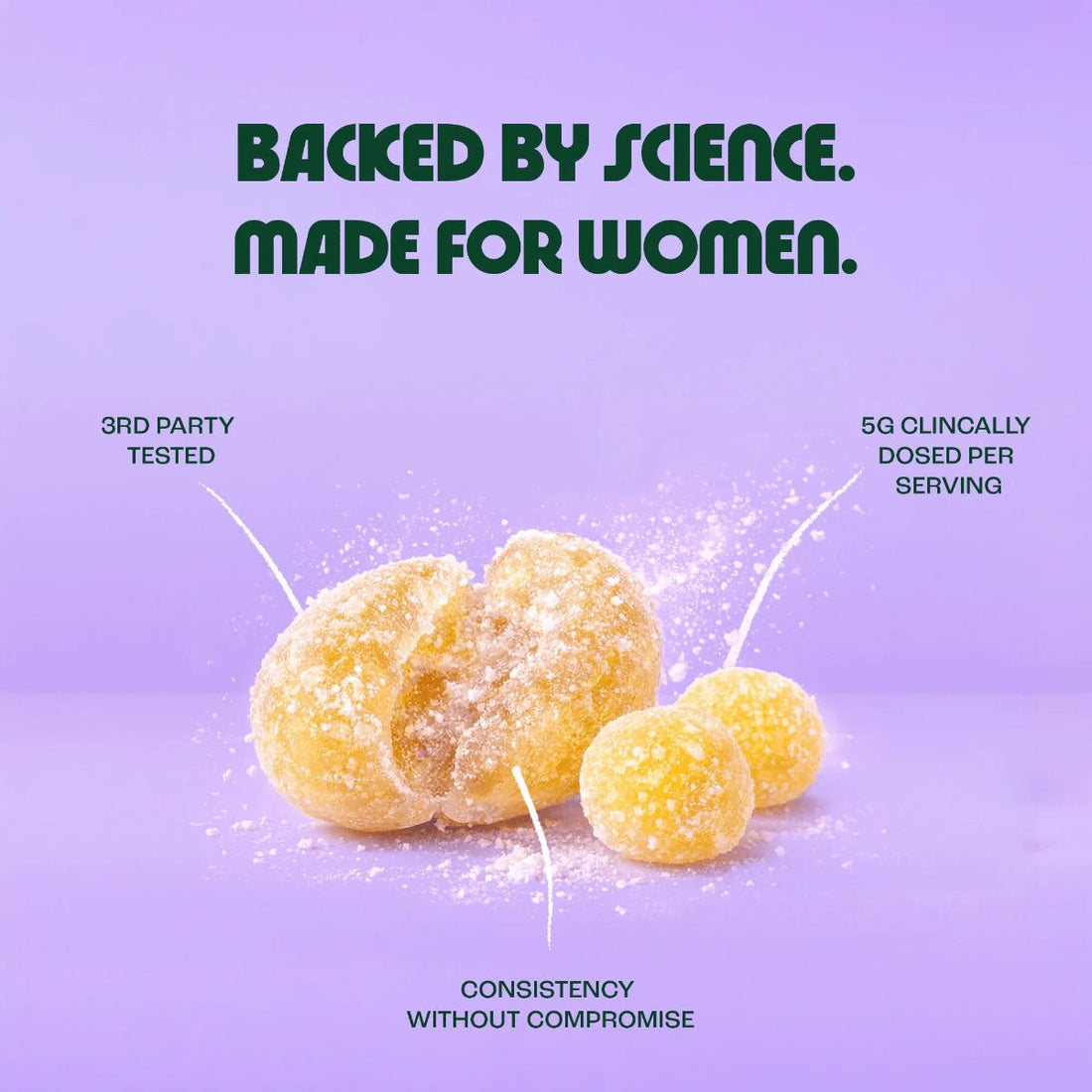 Yellow spherical objects on a purple background with text about science and women.