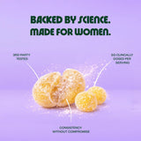 Yellow spherical objects on a purple background with text about science and women.