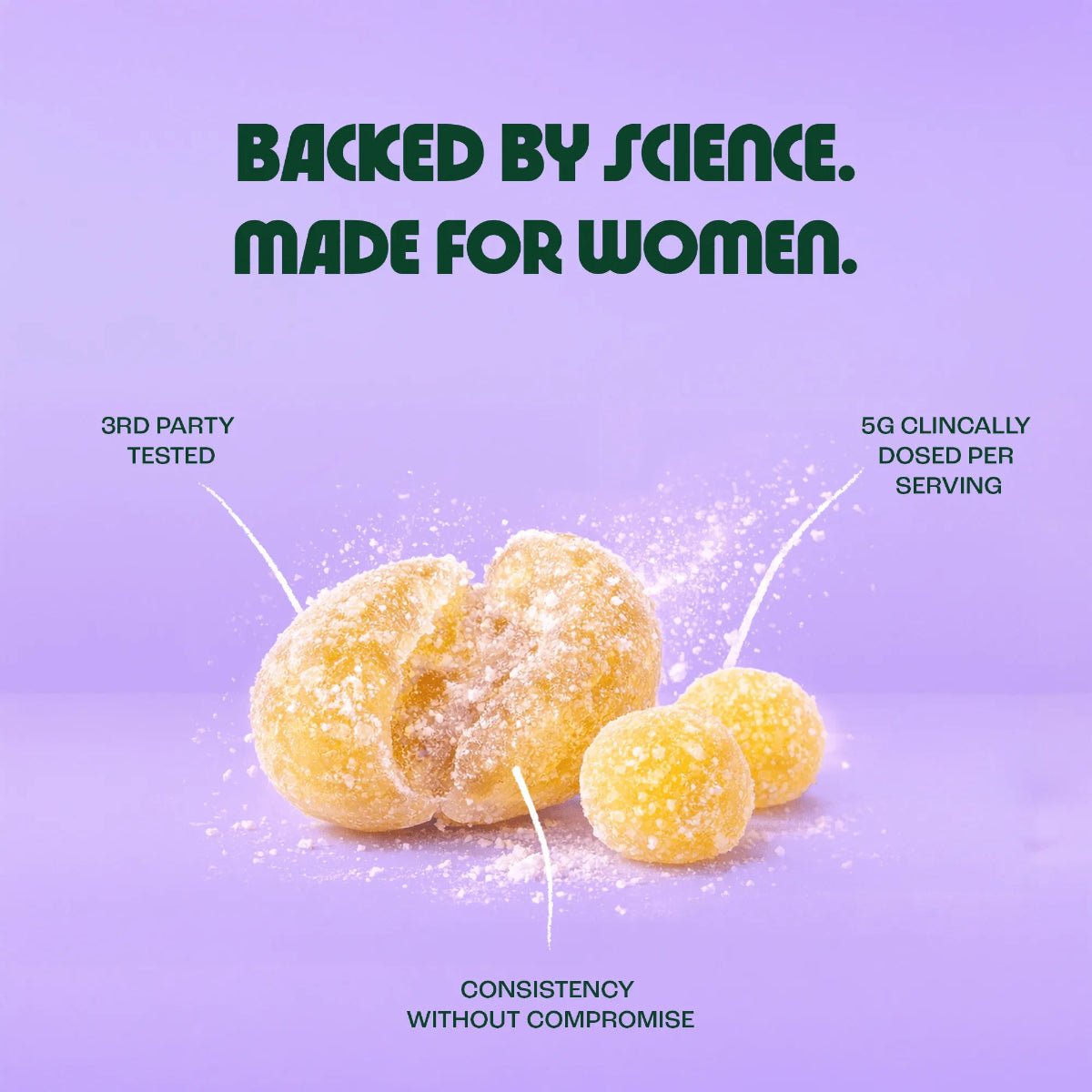 Yellow spherical objects on a purple background with text about science and women.