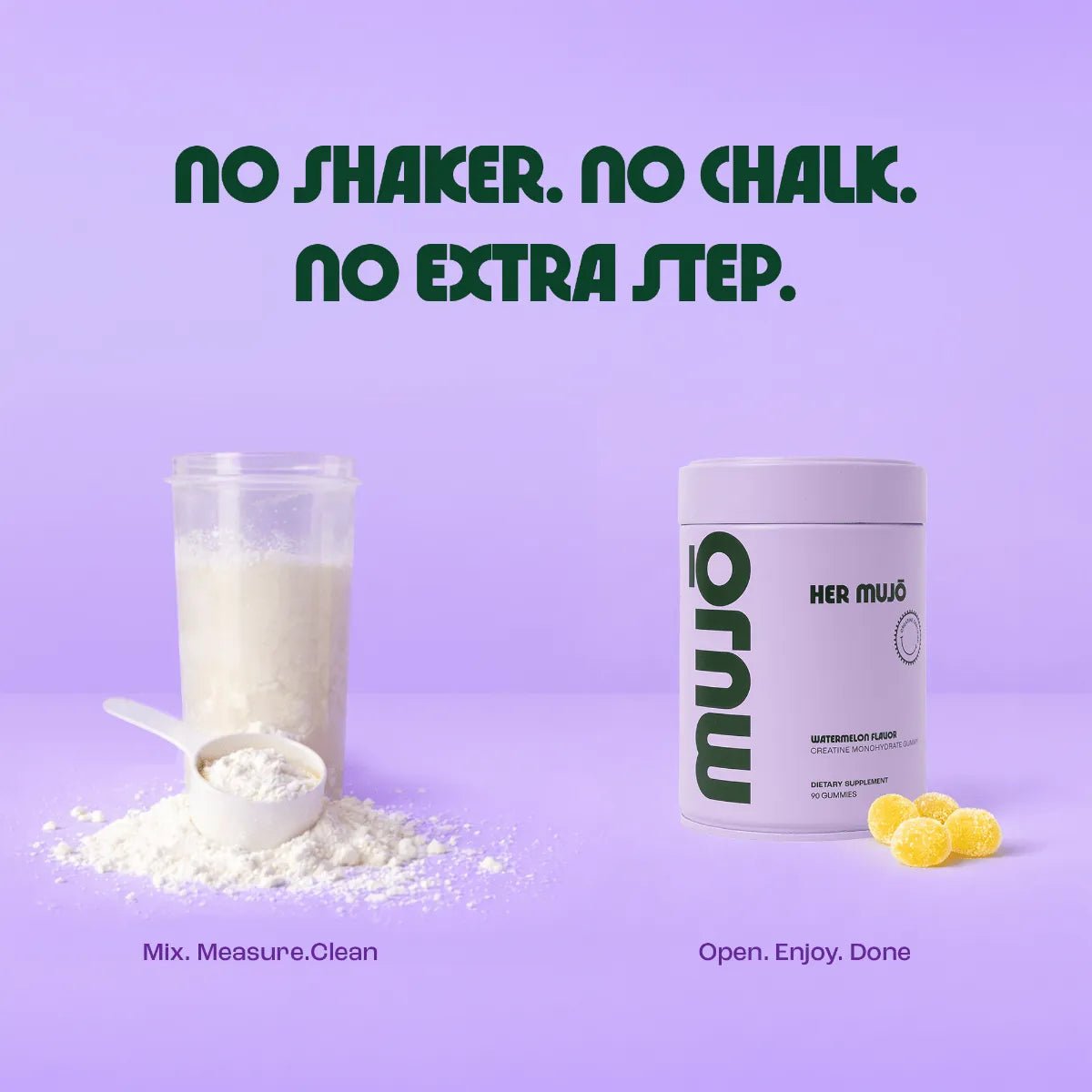 MUJO creatine jar comparison with powder and gummies on a purple background
