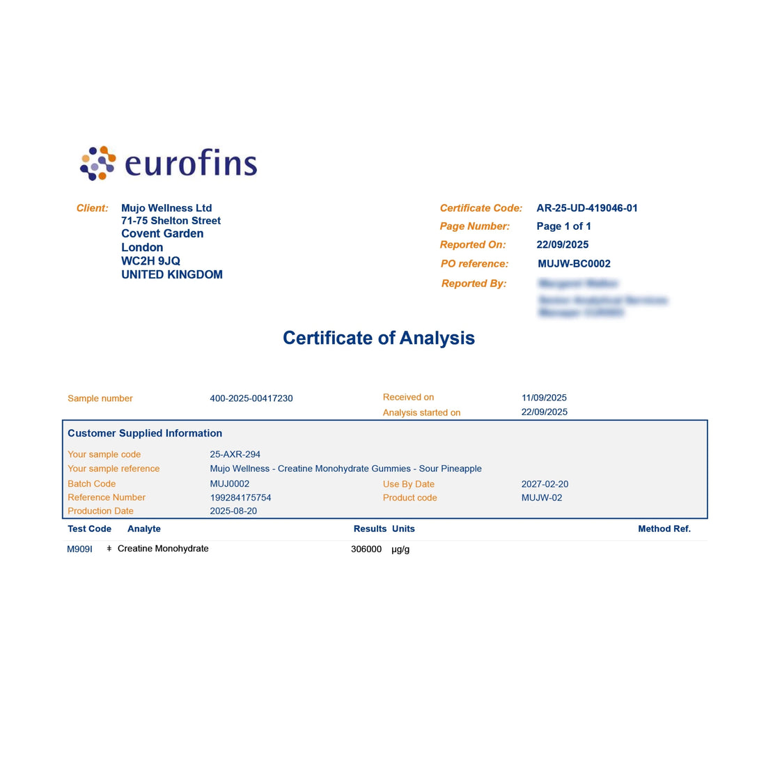 Eurofins Certificate of Analysis with client information and sample details on a white background