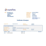 Eurofins Certificate of Analysis with client information and sample details on a white background