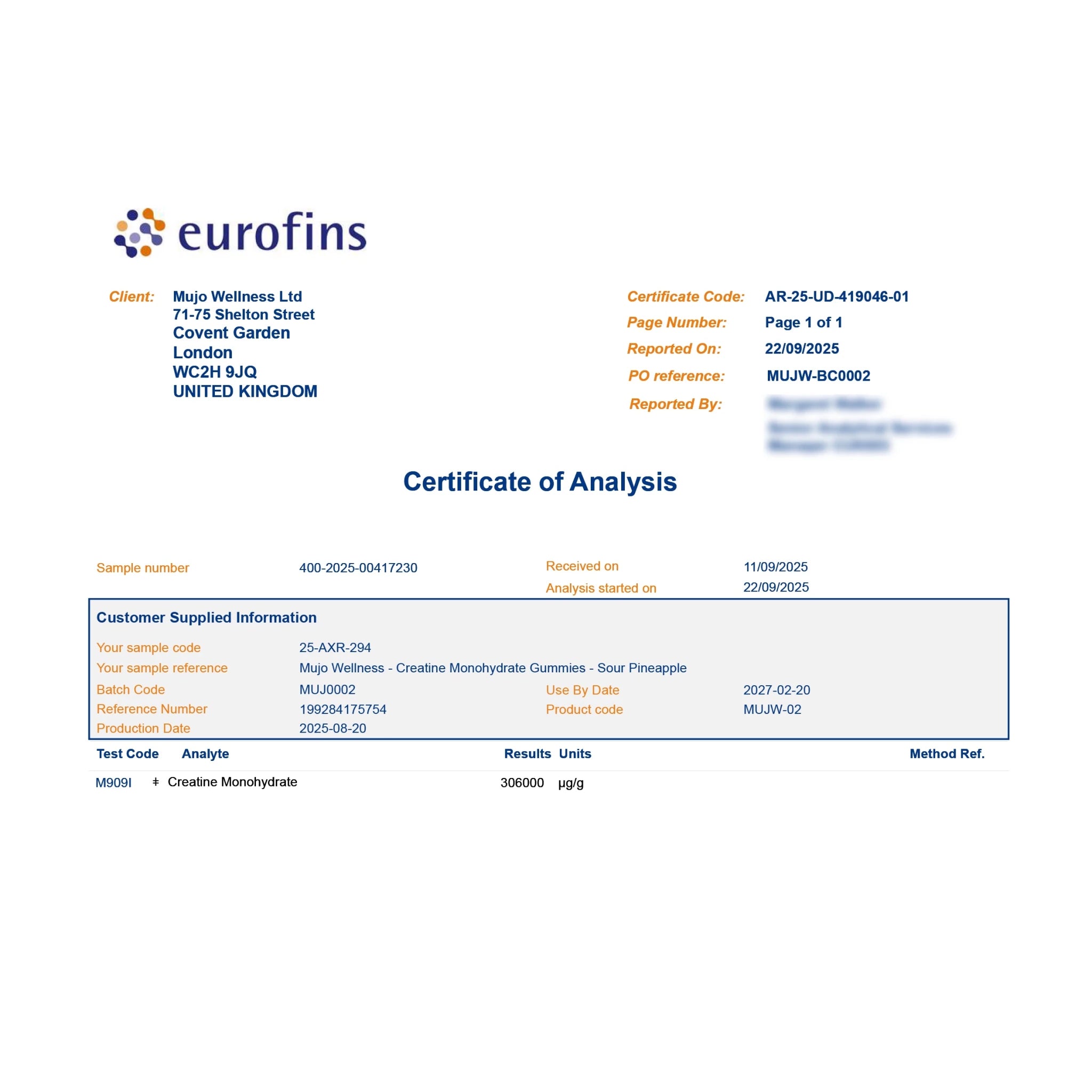 Eurofins Certificate of Analysis with client information and sample details on a white background
