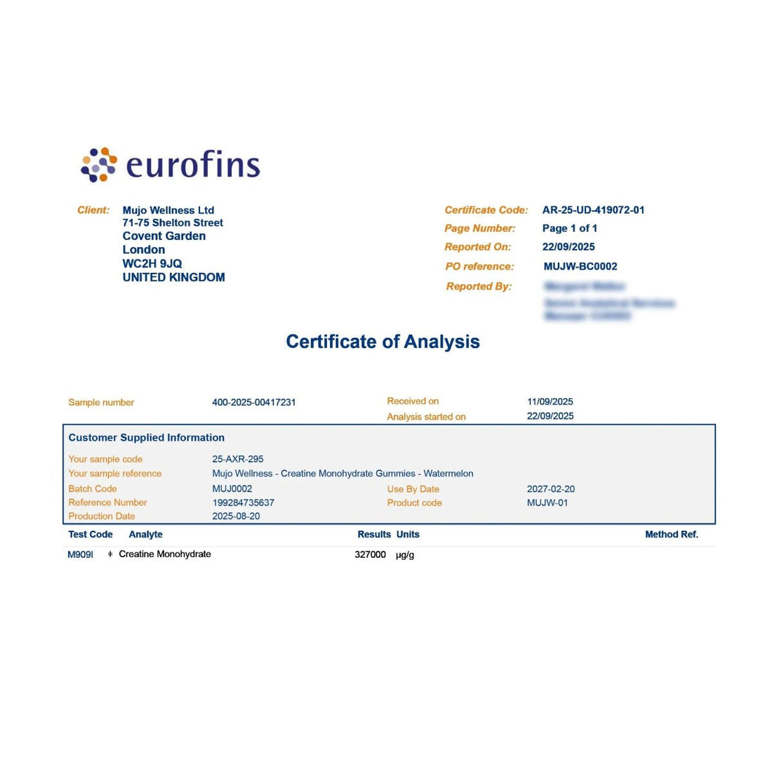 Eurofins Certificate of Analysis with client information and test results.