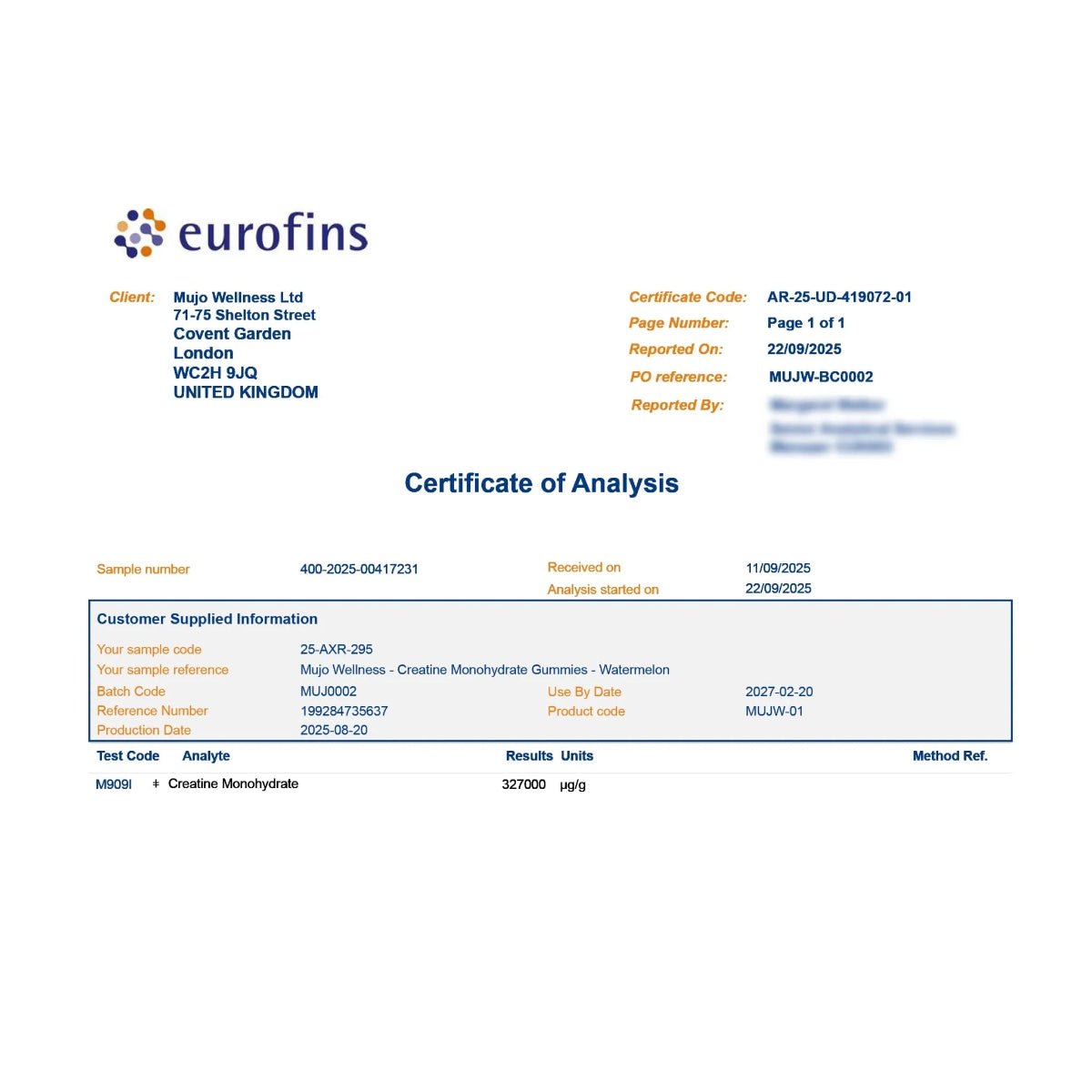 Eurofins Certificate of Analysis with client information and test results.