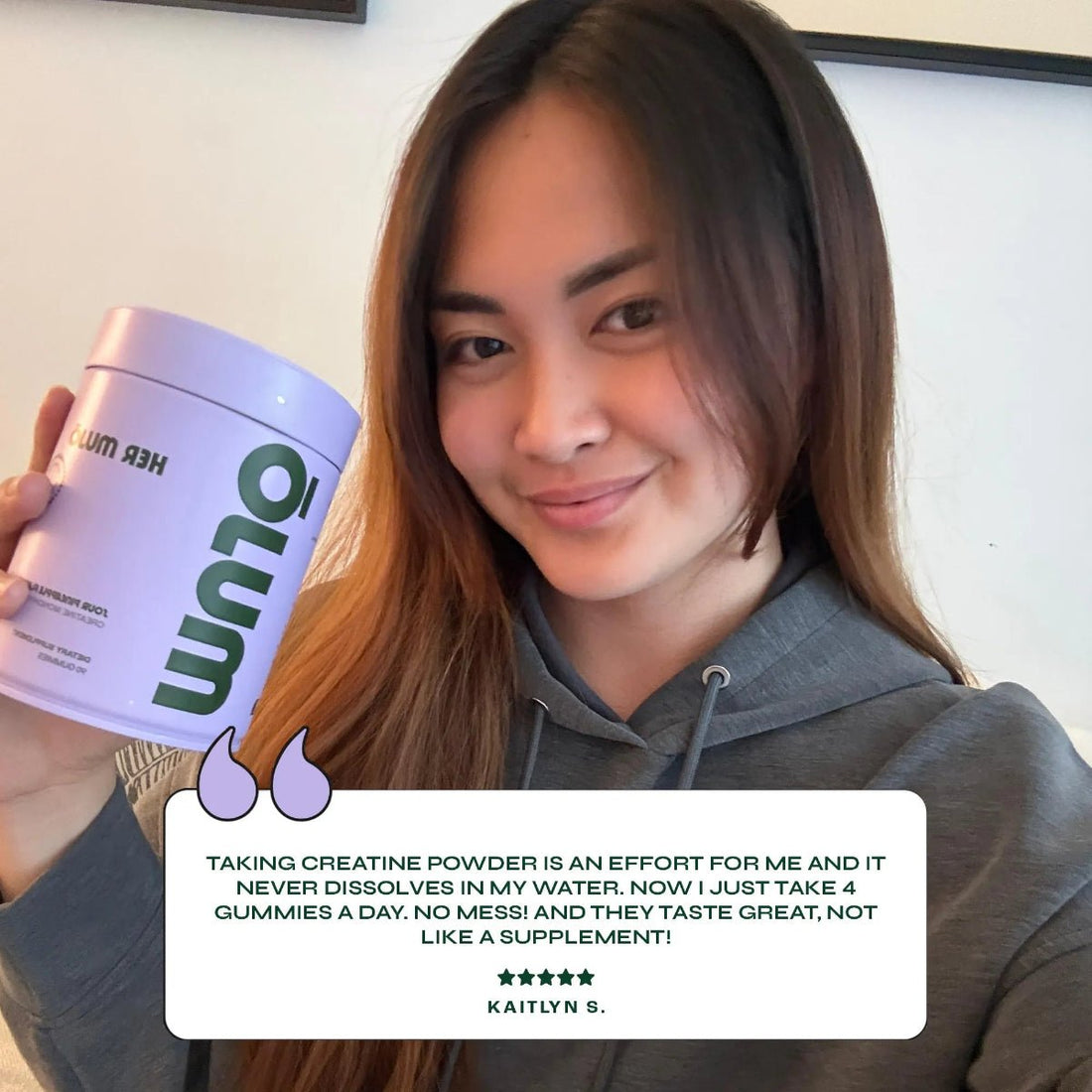 Person holding a supplement container with a product review overlay